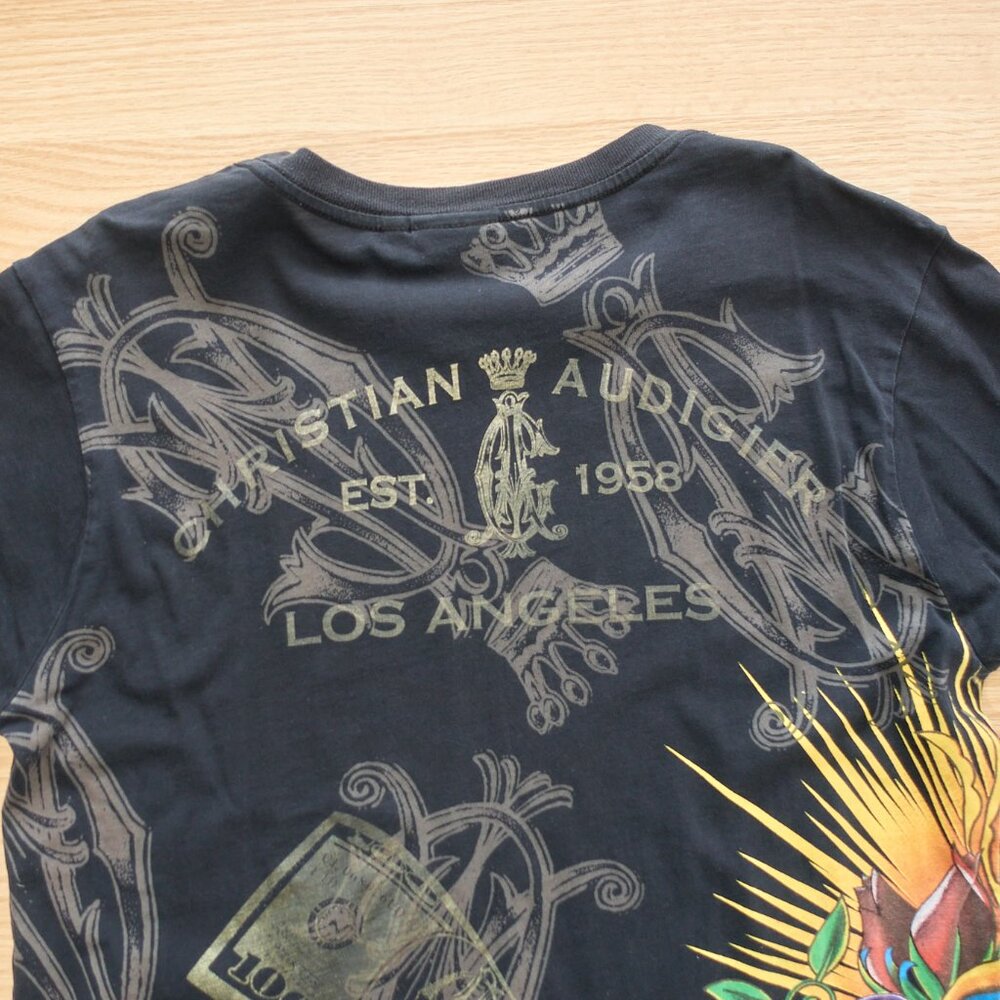 Christian Audigier T-Shirt / Skull Crown Money / Size M / Black / Made in - Picture 11 of 16
